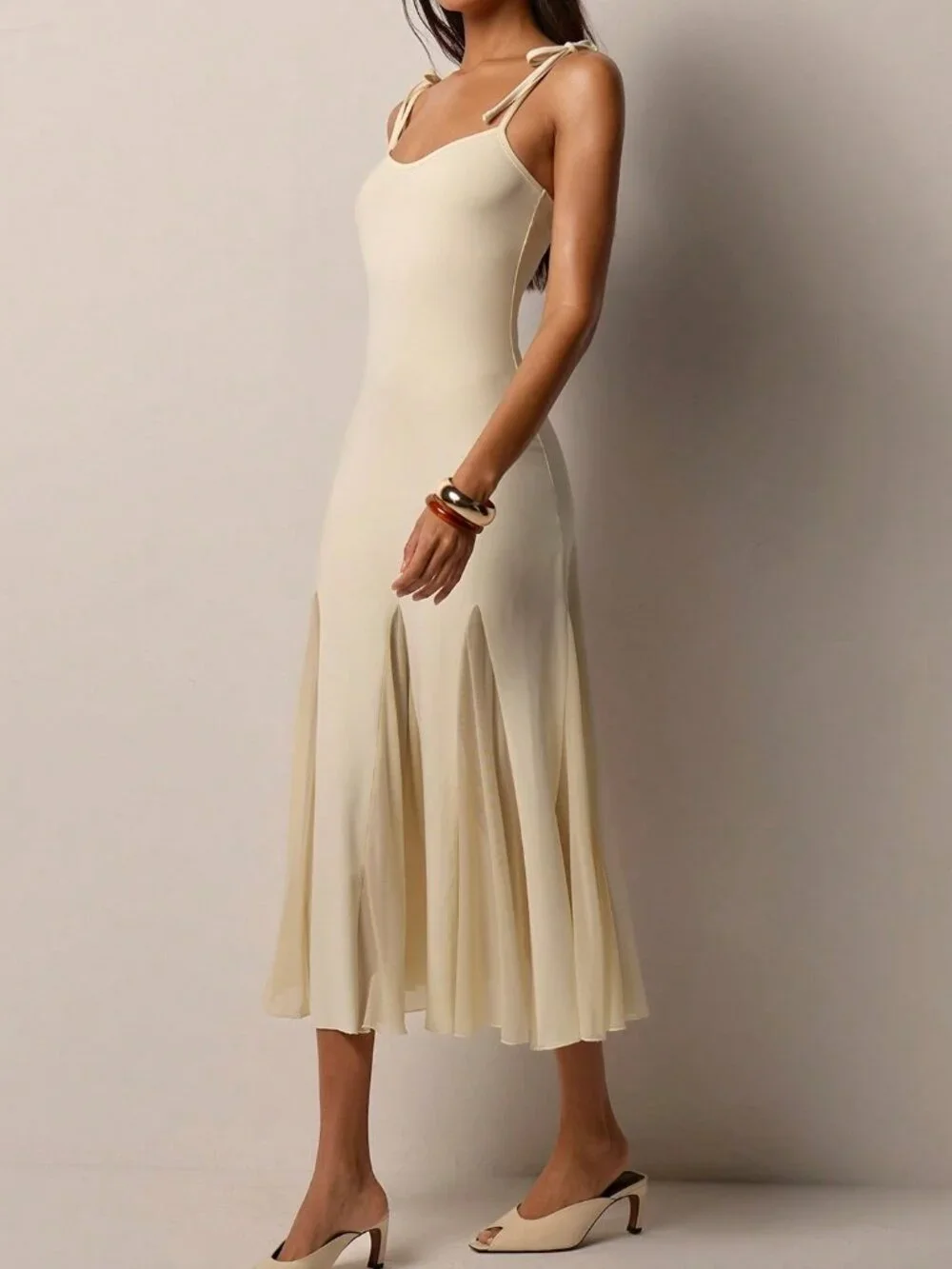 Apricot Elegant Women's Casual Tie-strap Patchwork Hem Midi Dress - Picture 3 of 7